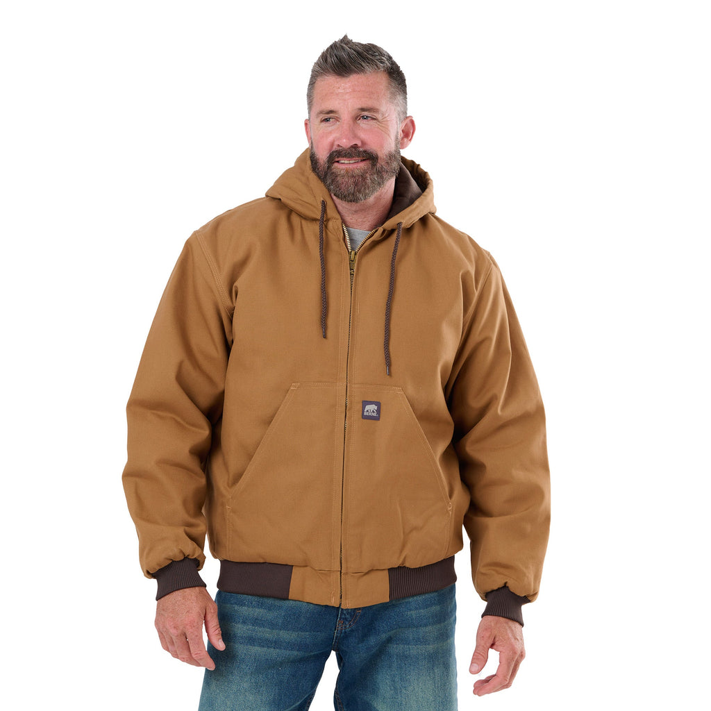 Front view of brown hooded duck work jacket