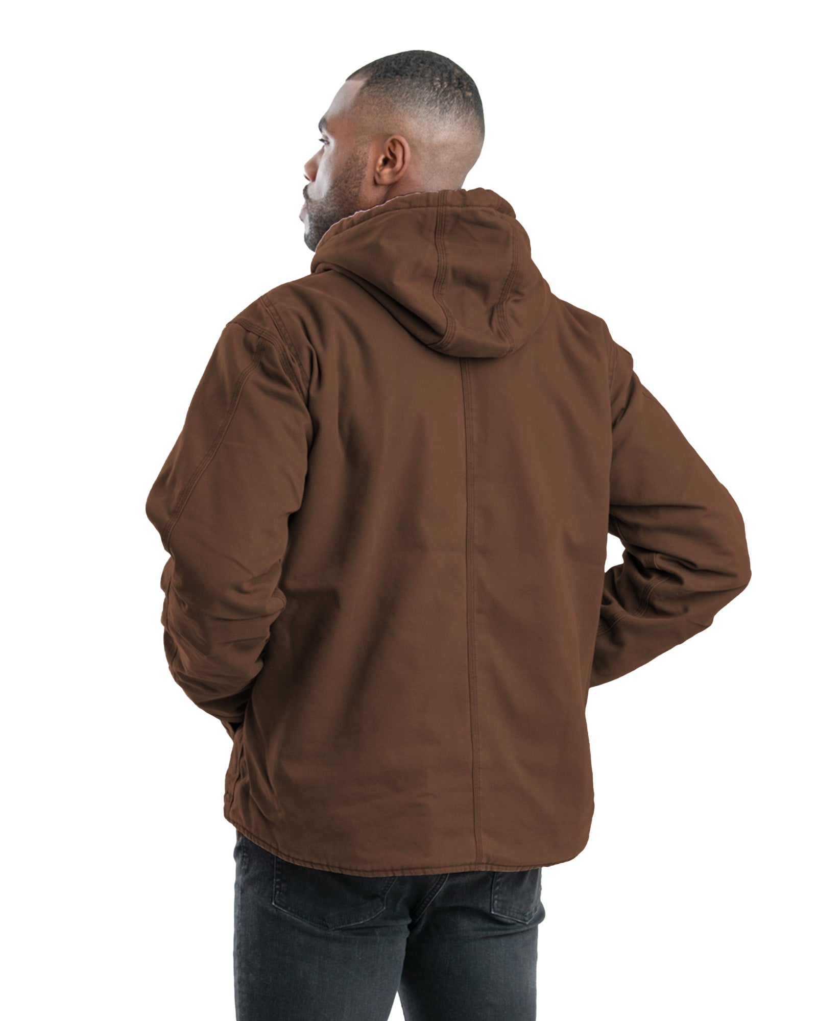 Back view of bark sherpa lined hooded jacket