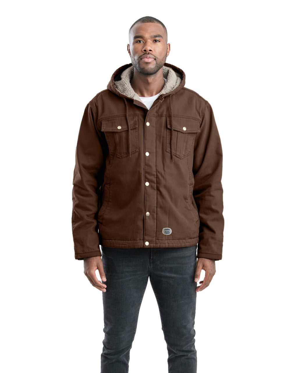 Front view of bark sherpa lined hooded jacket