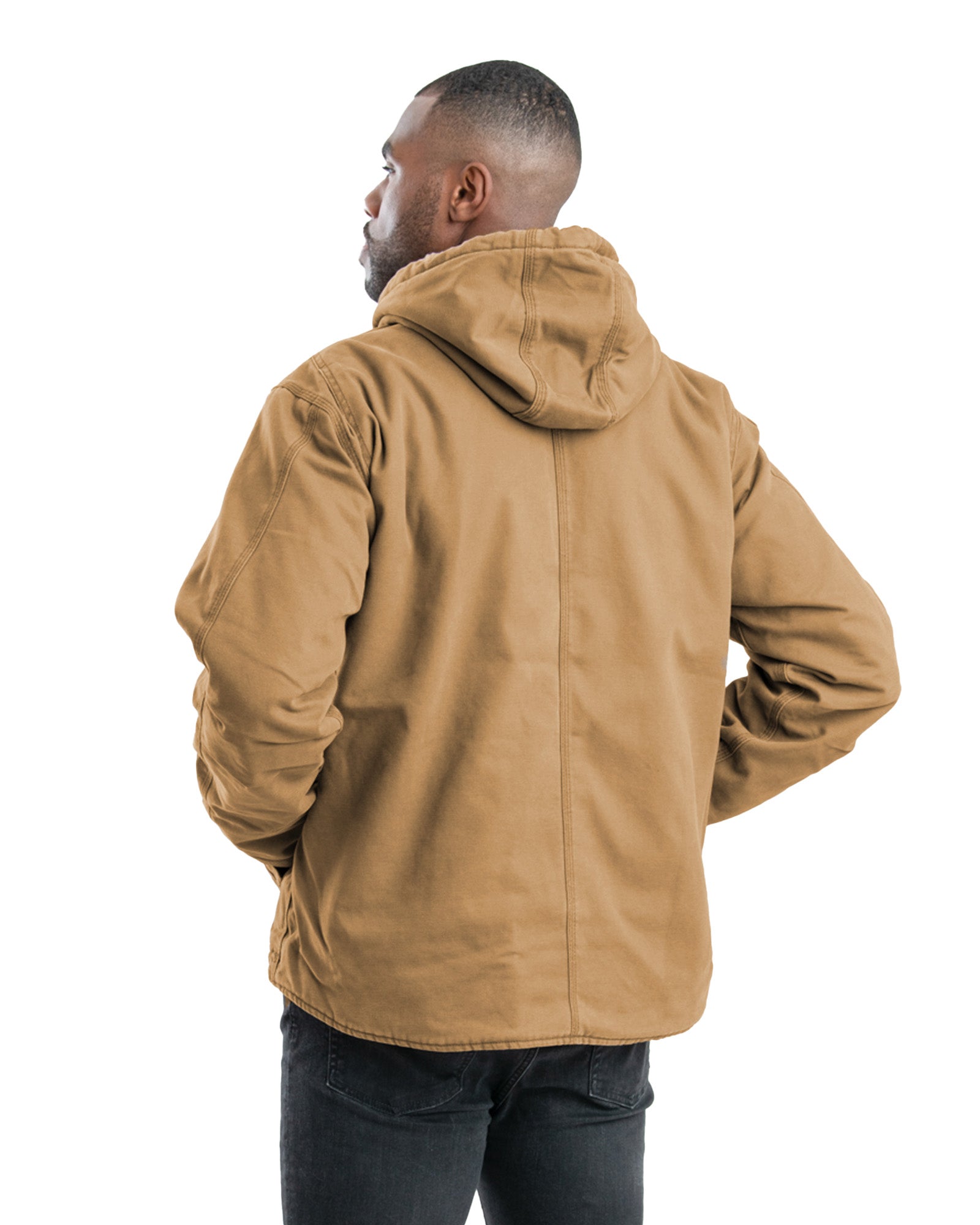 Back view of bark sherpa lined hooded jacket, alternate shot