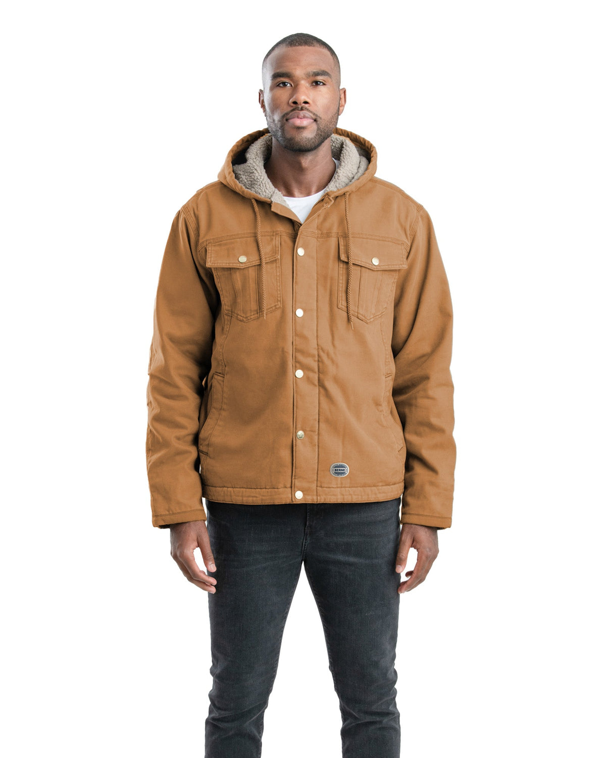 Front view of bark sherpa lined hooded jacket, alternate shot