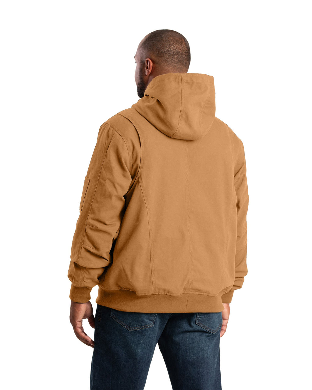 Back view of cedar green flannel lined duck hooded jacket, alternate shot