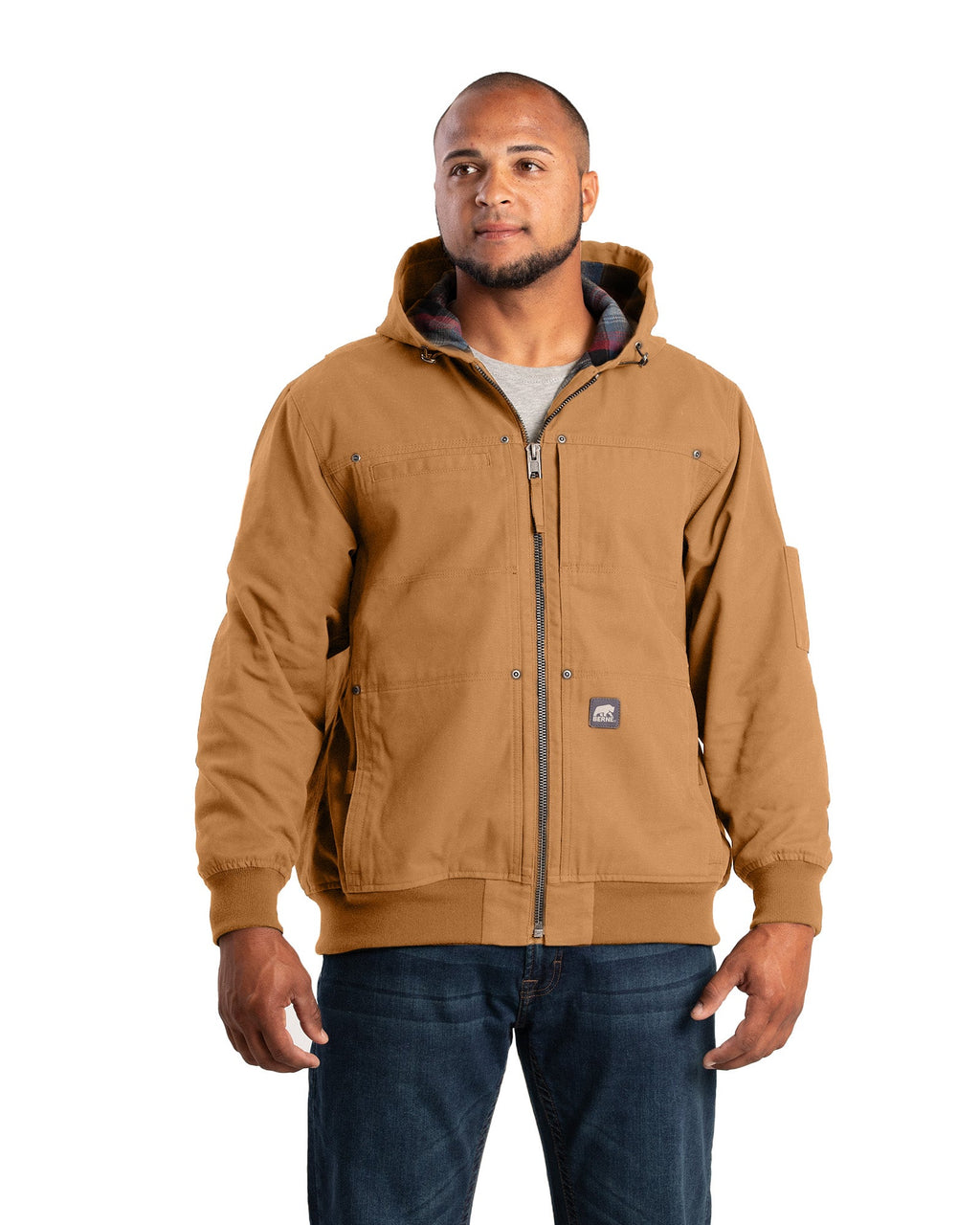 Front view of cedar green flannel lined duck hooded jacket, alternate shot