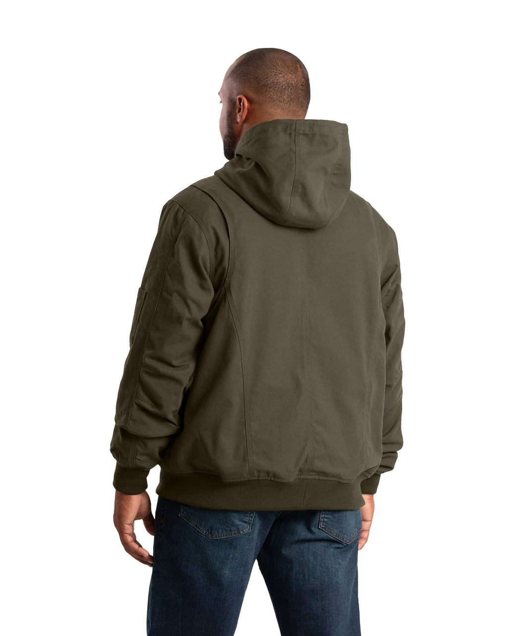 Back view of cedar green flannel lined duck hooded jacket