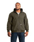 Front view of cedar green flannel lined duck hooded jacket