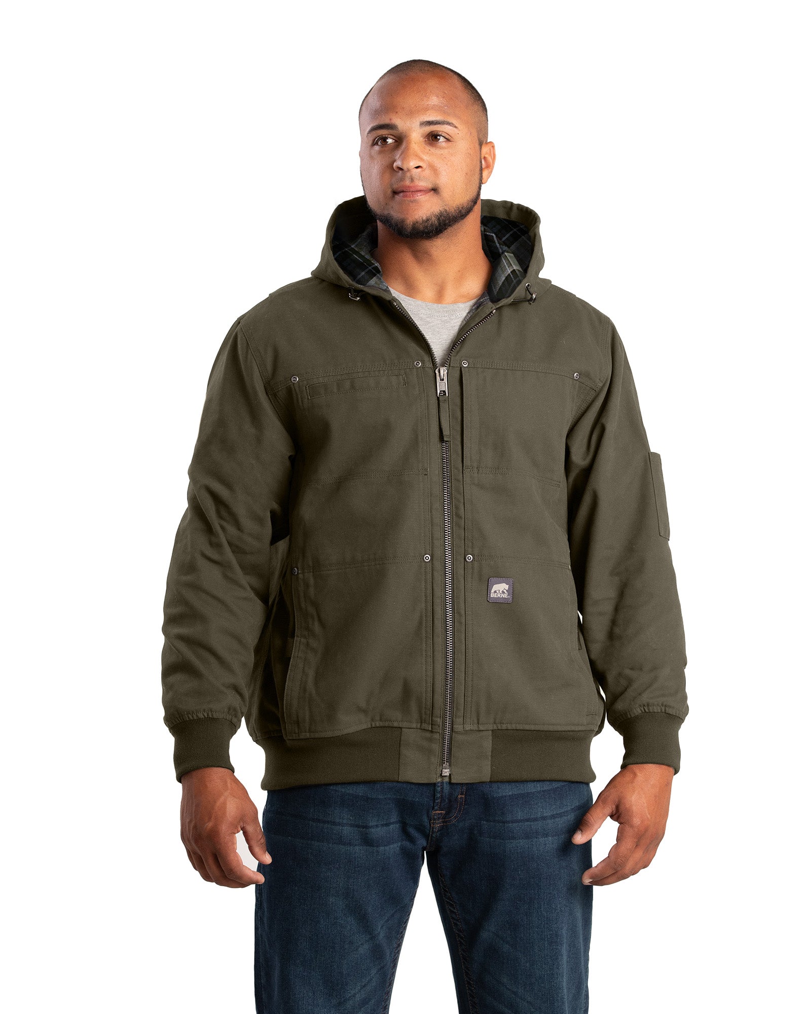 Front view of cedar green flannel lined duck hooded jacket