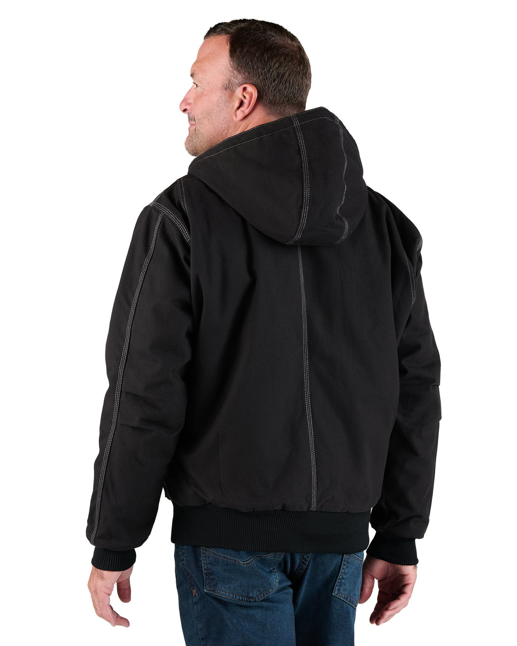 Back view of black hooded duck work jacket
