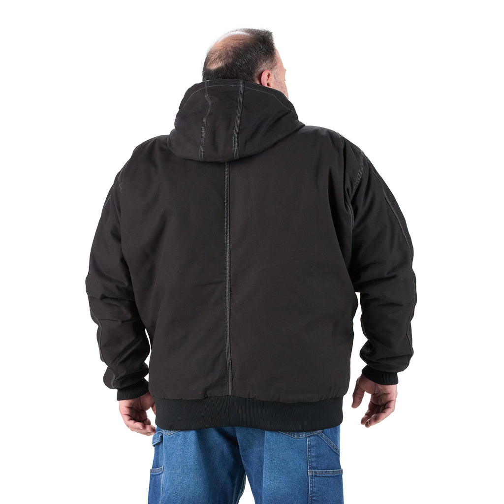 Back view of black hooded duck work jacket, alternate shot