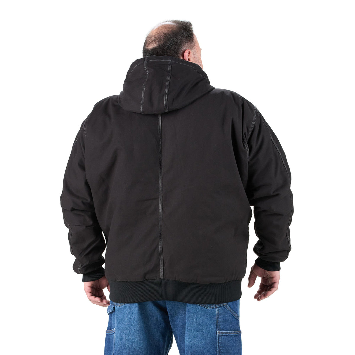 Back view of black hooded duck work jacket, alternate shot