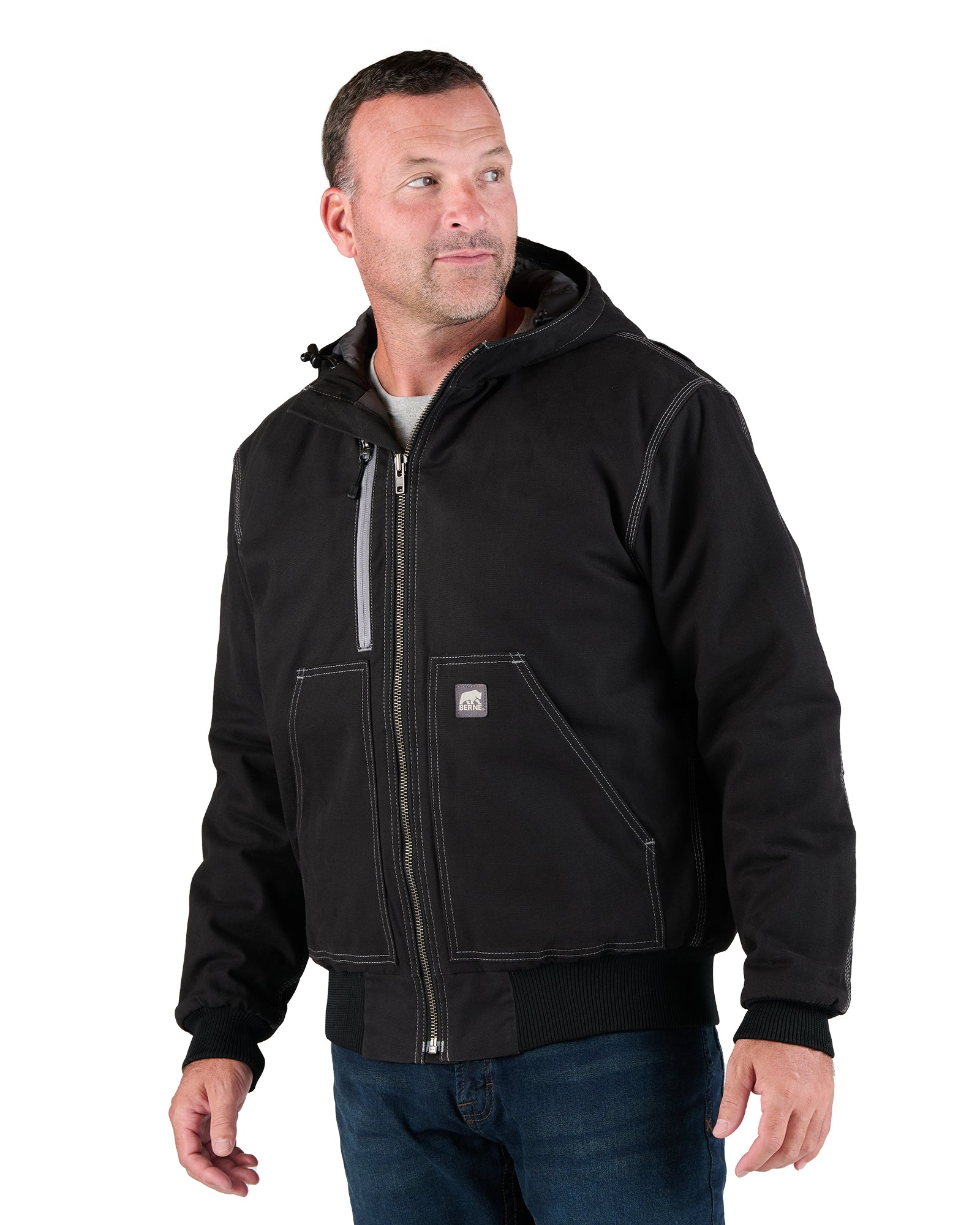Front view of black hooded duck work jacket