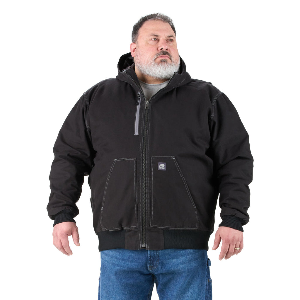 Front view of black hooded duck work jacket, alternate shot