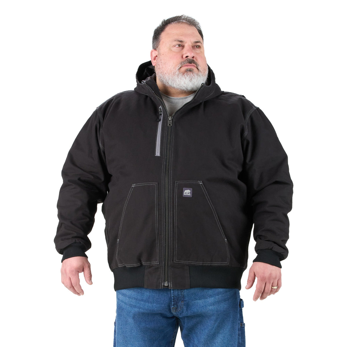 Front view of black hooded duck work jacket, alternate shot