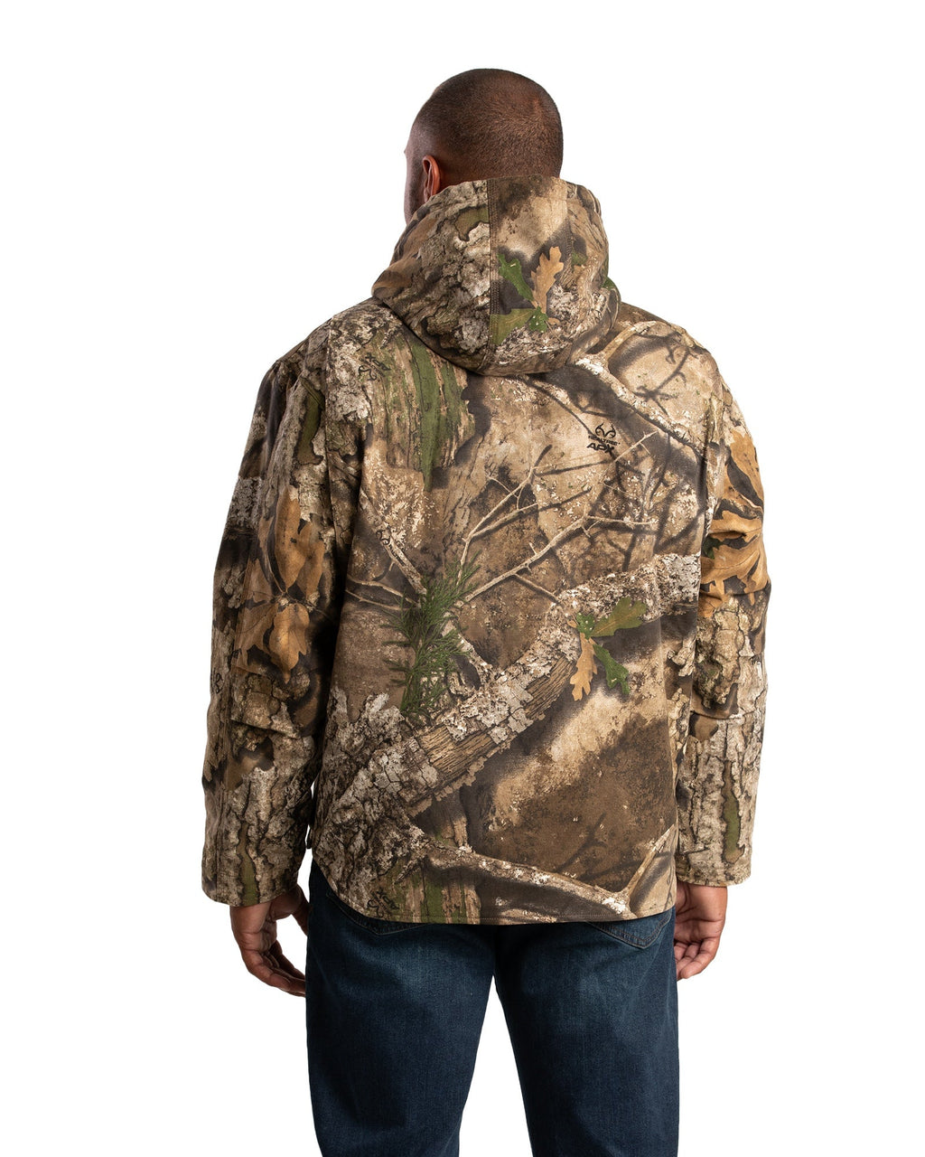 Back view of camouflage duck hooded work coat