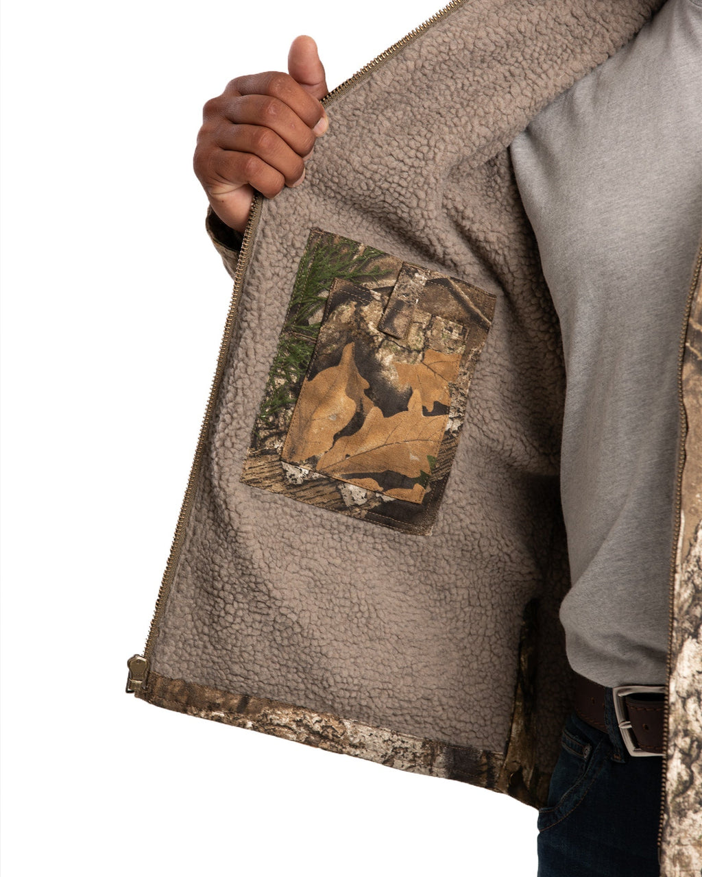 Close detail of camouflage duck hooded work coat