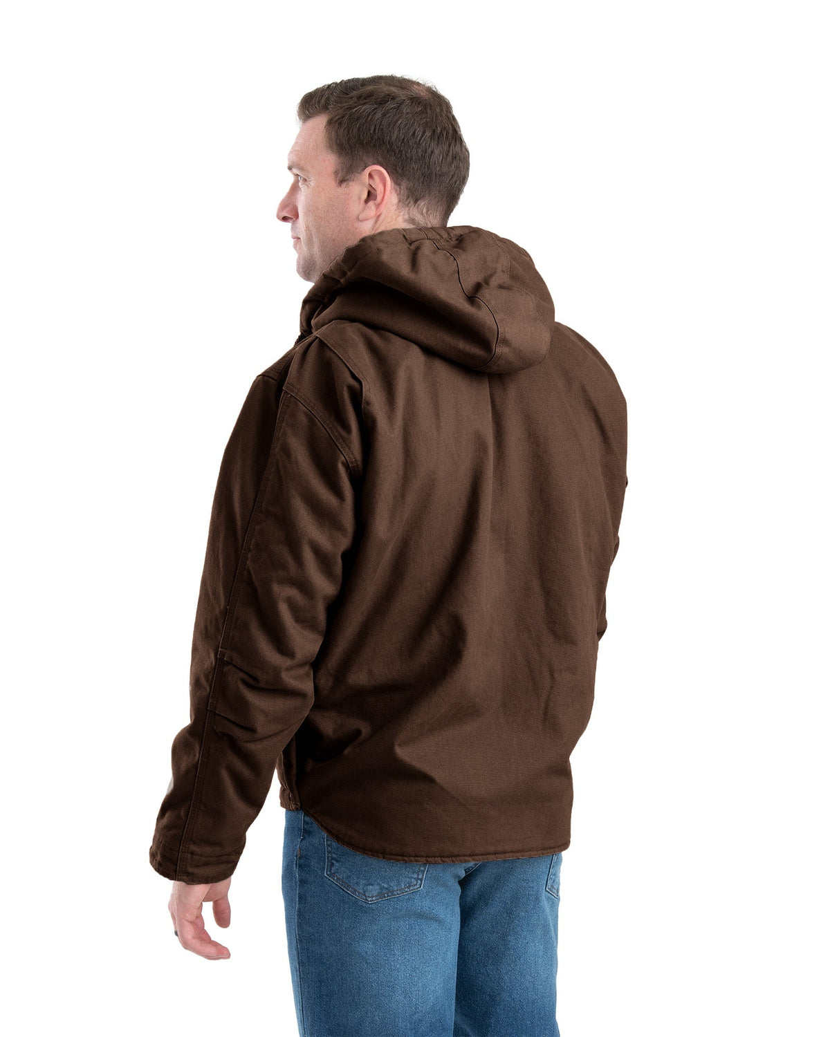 Back view of bark washed duck hooded work coat