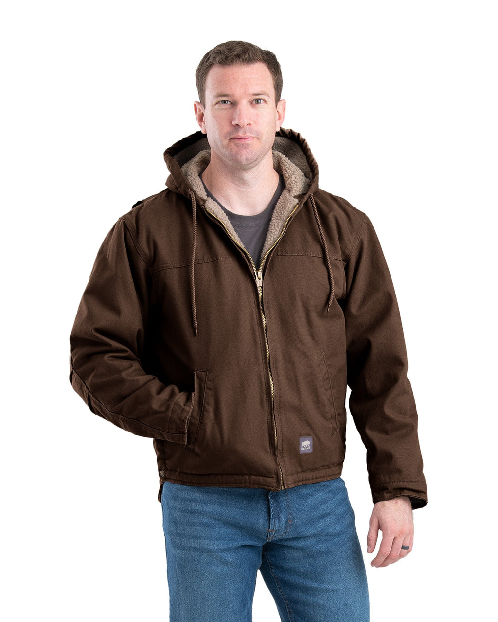 Front view of bark washed duck hooded work coat