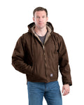 Front view of bark washed duck hooded work coat