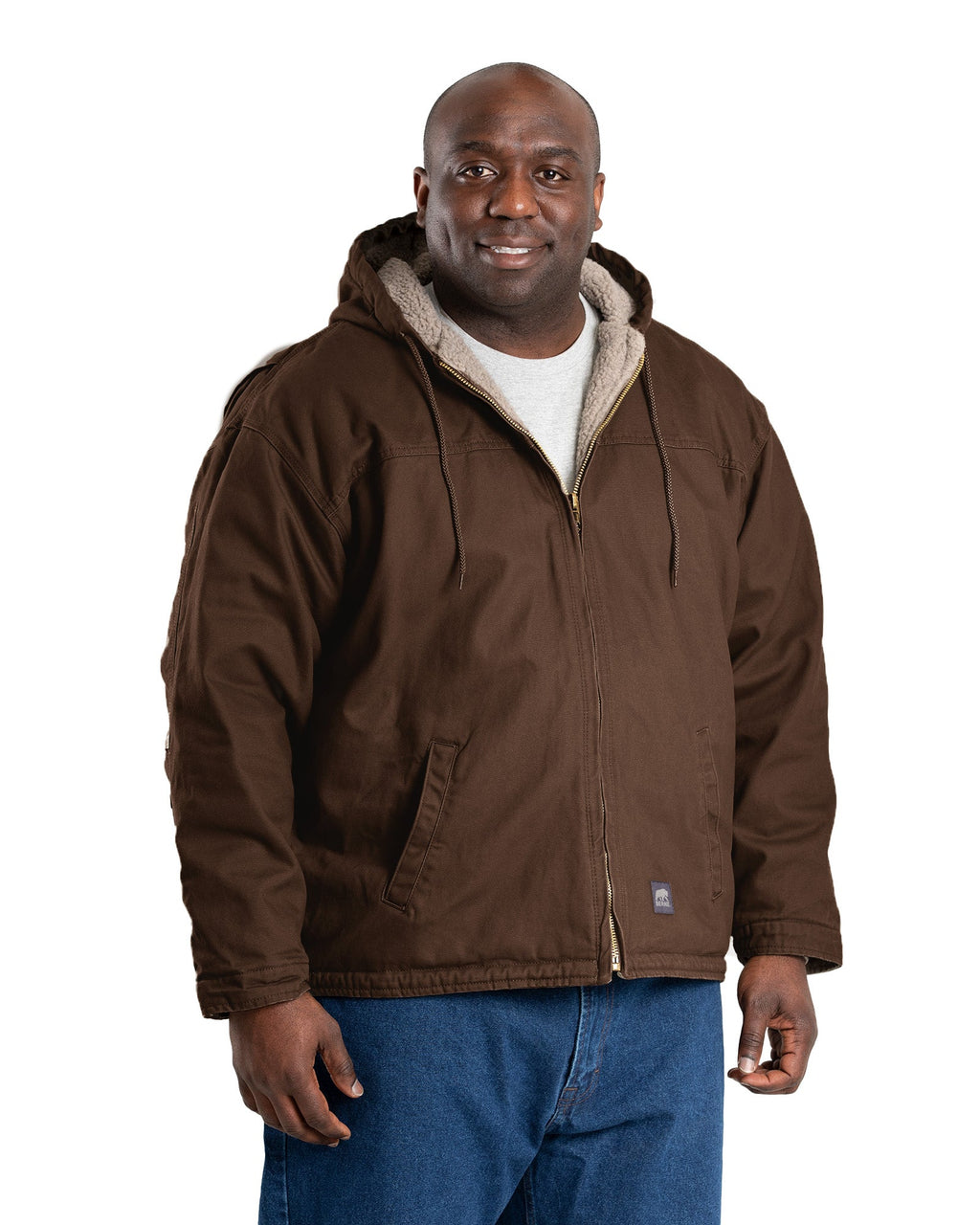 Front view of bark washed duck hooded work coat, alternate shot