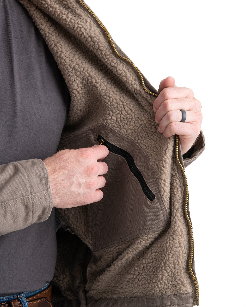 Close detail of bark washed duck hooded work coat