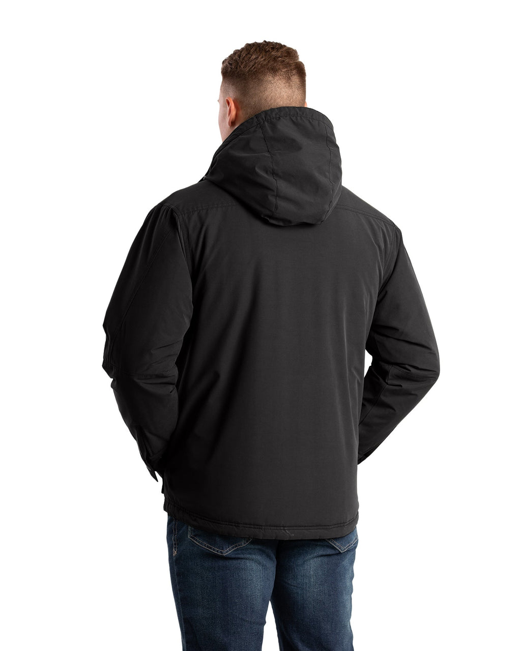 Back view of quilt lined duck hooded work coat, alternate shot