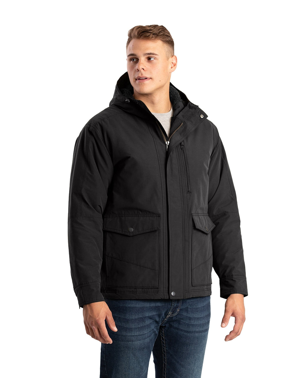 Front view of quilt lined duck hooded work coat, alternate shot