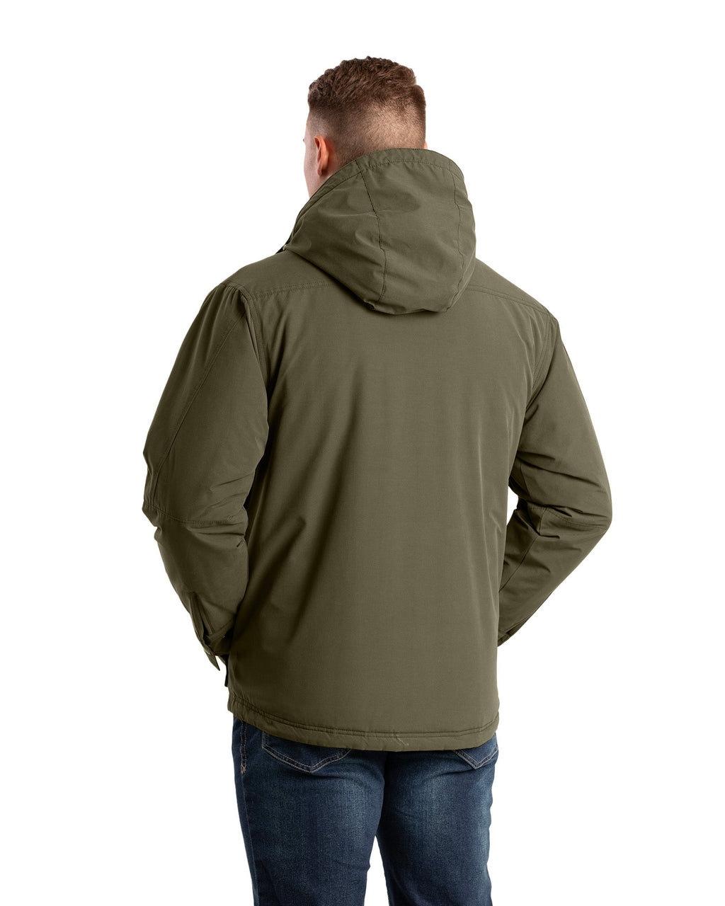 Back view of quilt lined duck hooded work coat