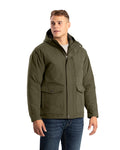 Front view of quilt lined duck hooded work coat