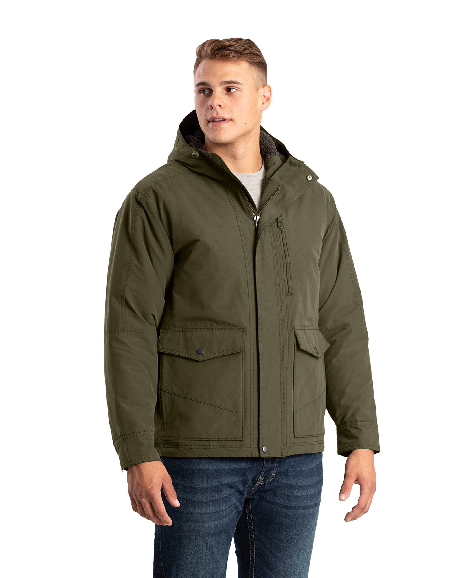 Front view of quilt lined duck hooded work coat
