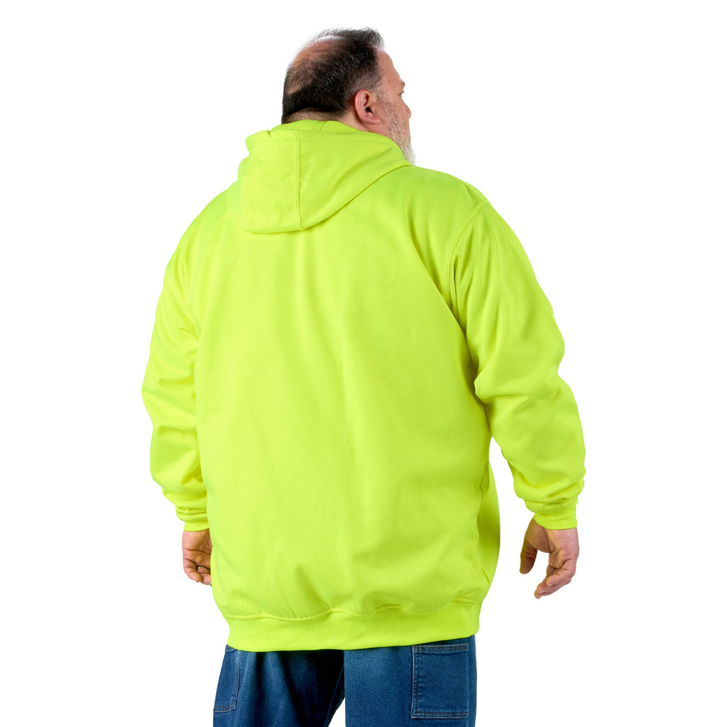 Back view of yellow hi vis thermal lined hooded sweatshirt
