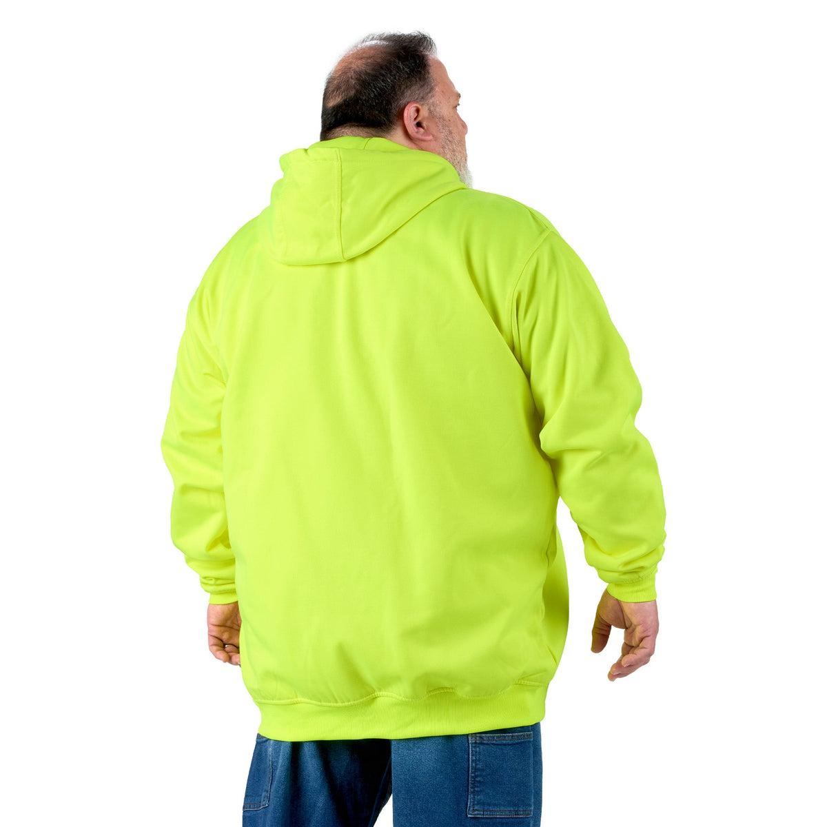 Back view of yellow hi vis thermal lined hooded sweatshirt