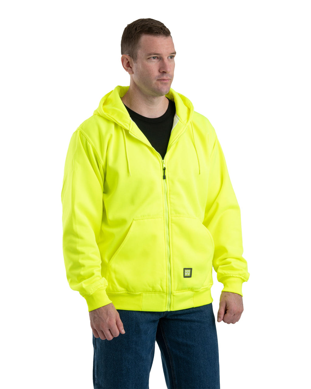 Close detail of yellow hi vis thermal lined hooded sweatshirt