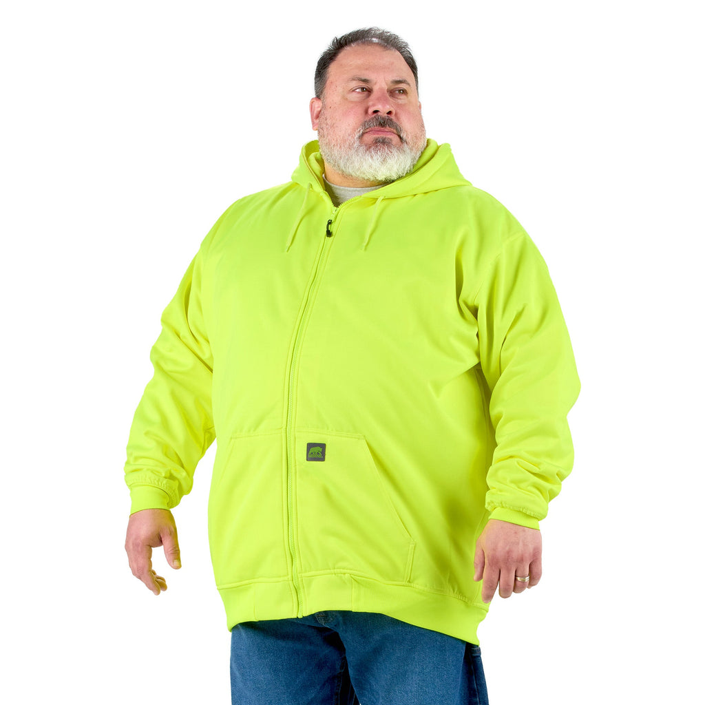 Front view of yellow hi vis thermal lined hooded sweatshirt, alternate shot