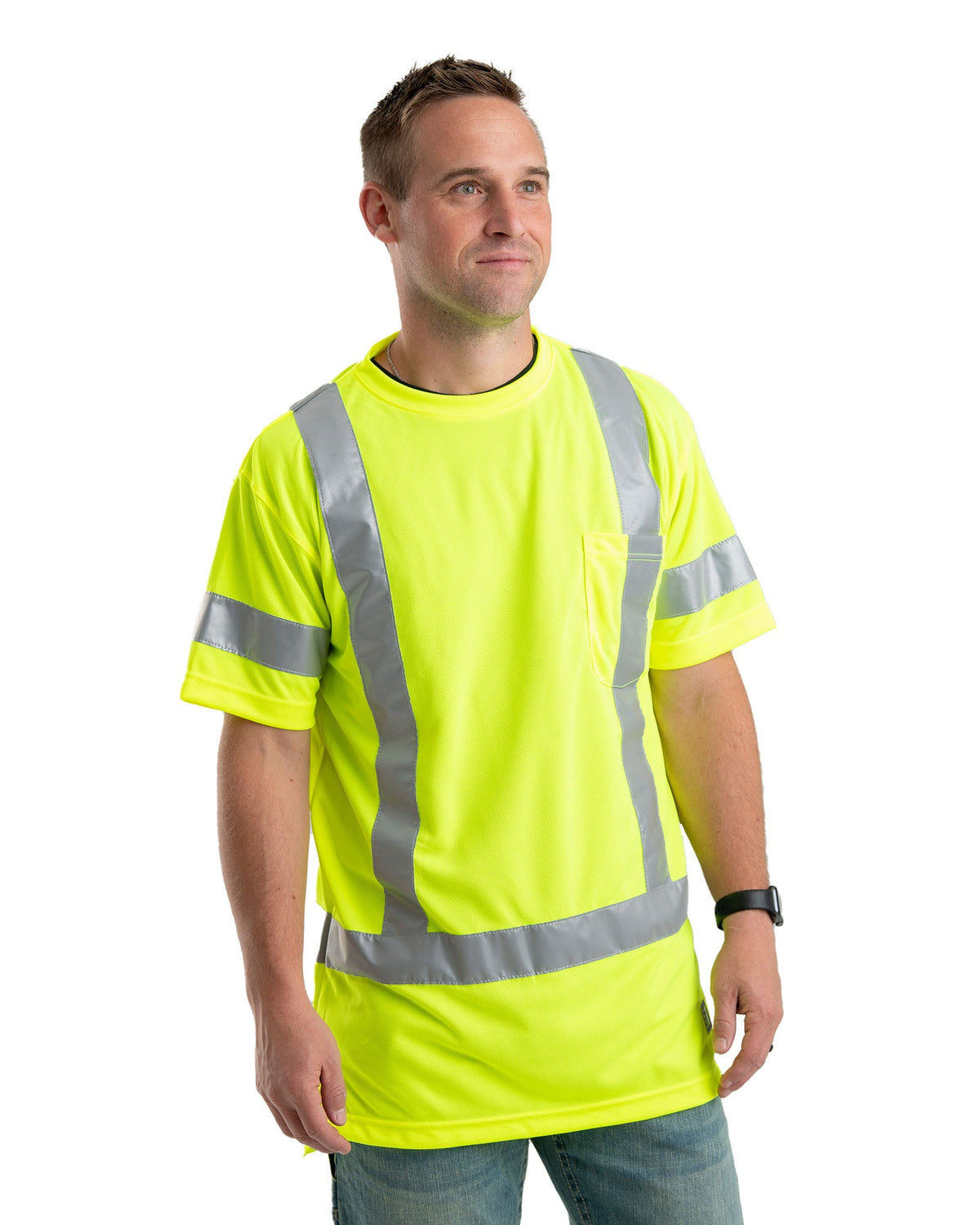 Close detail of yellow class 3 hi vis short sleeve tee