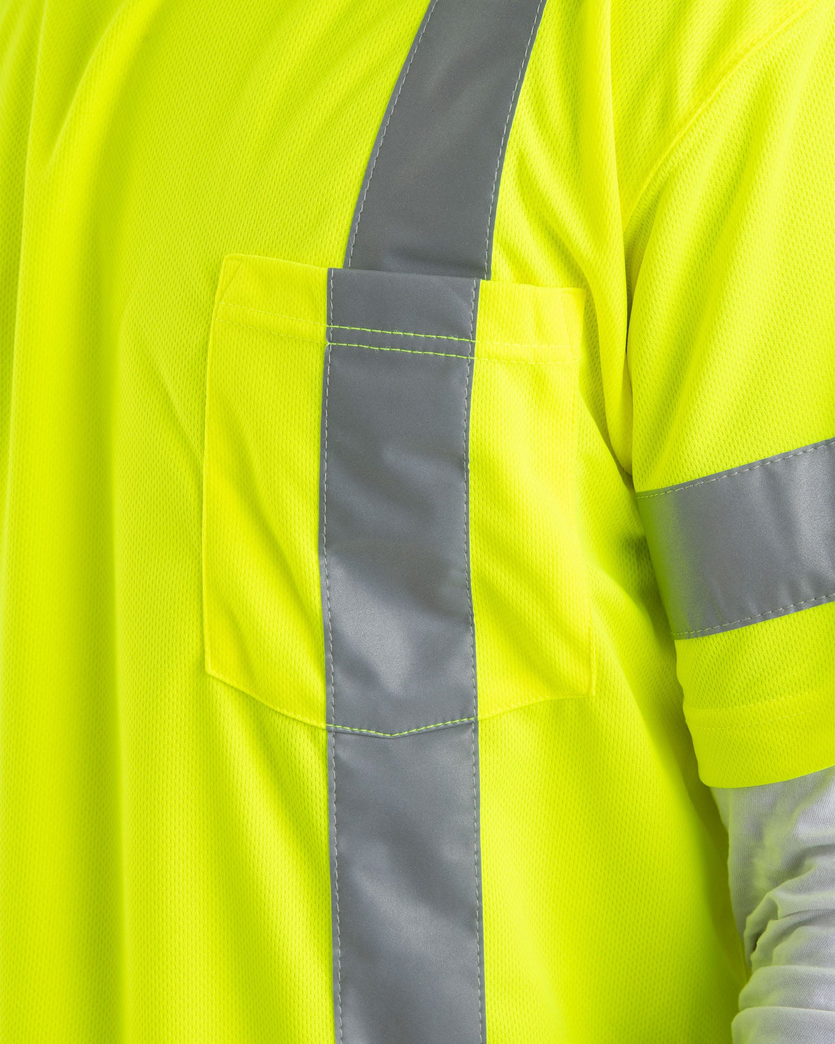 Close detail of yellow class 3 hi vis short sleeve tee, alternate shot
