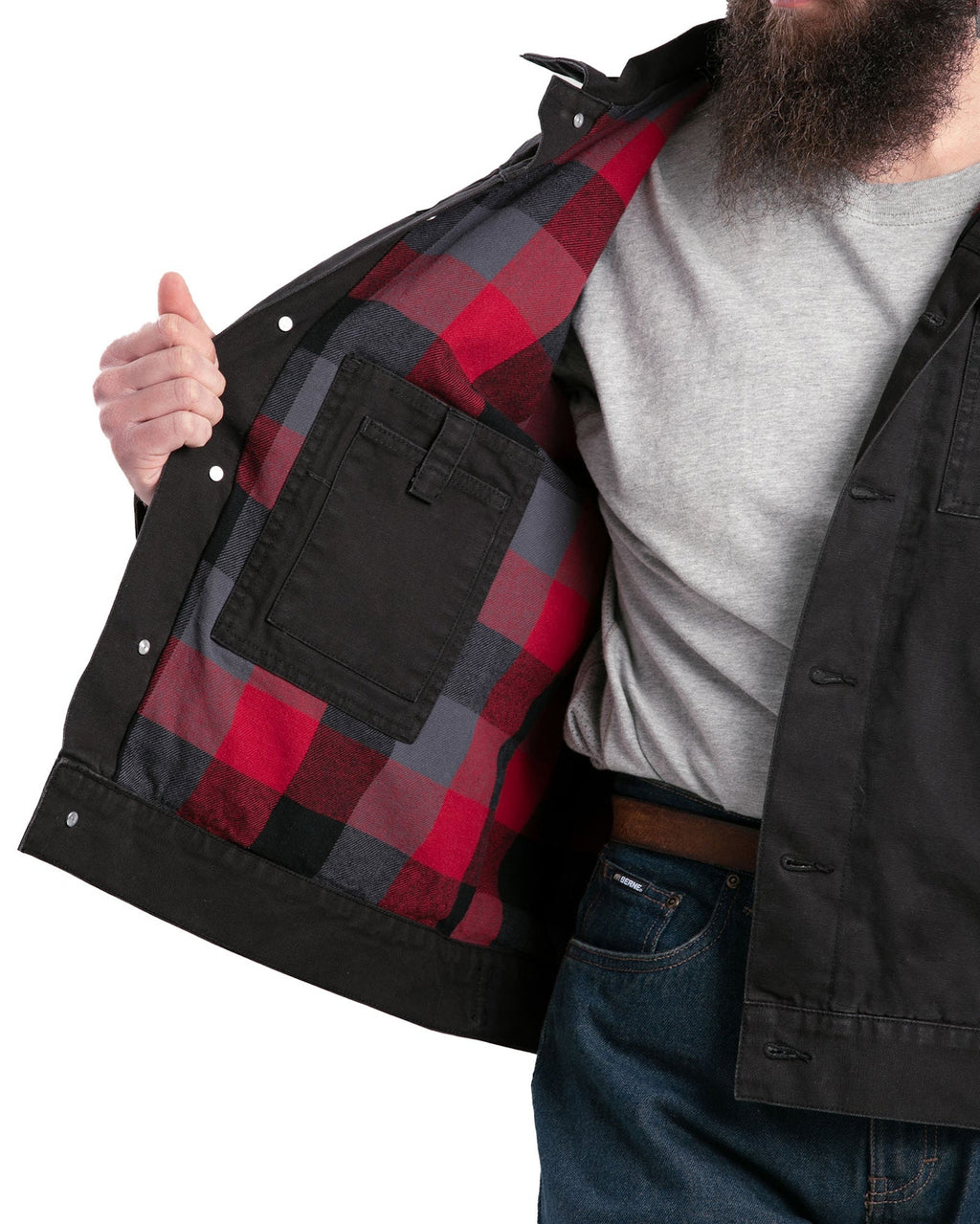 Close detail of flannel lined washed work jacket, alternate shot