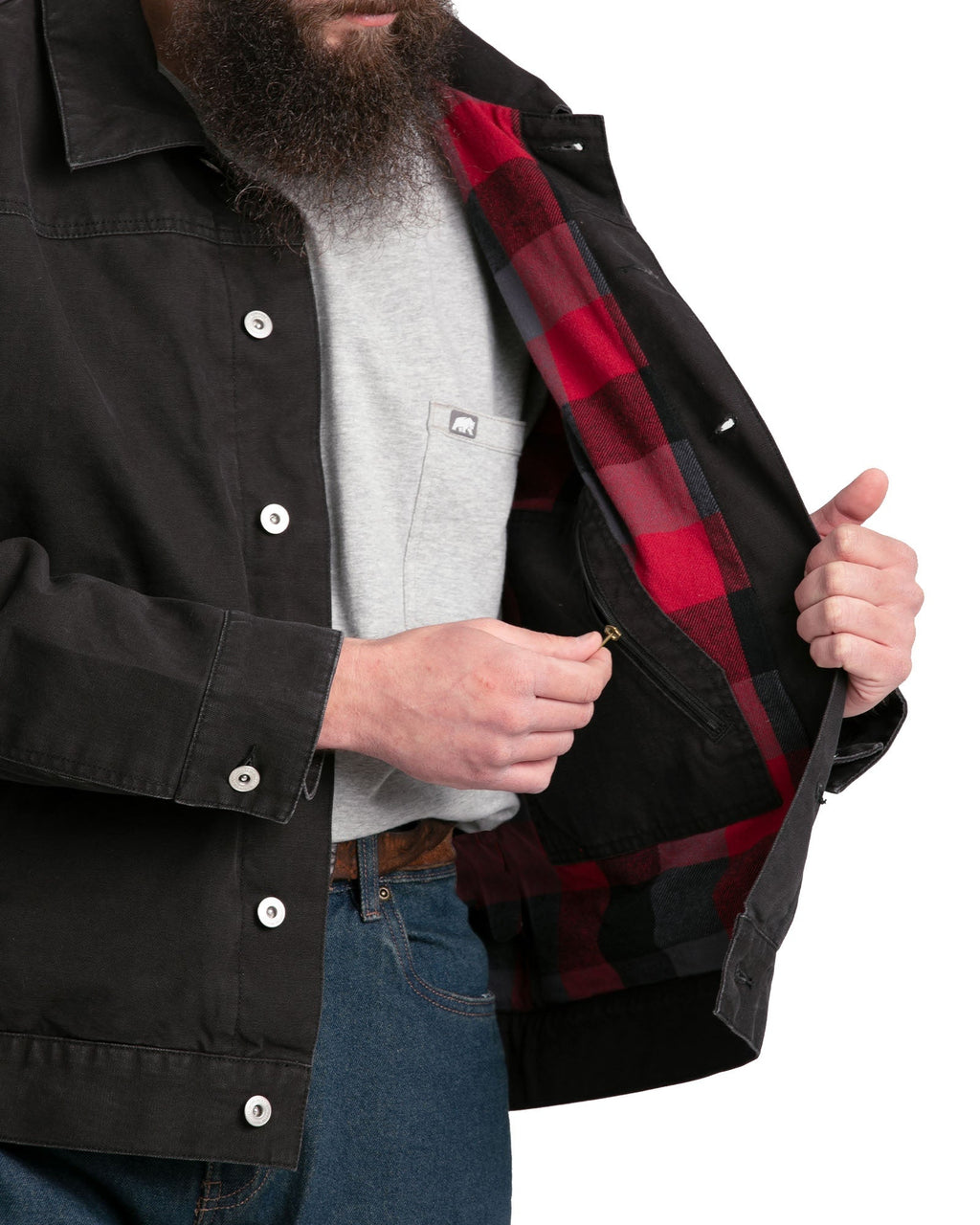 Close detail of flannel lined washed work jacket