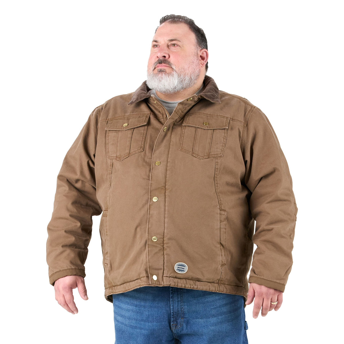 Front view of sherpa lined washed work jacket, alternate shot