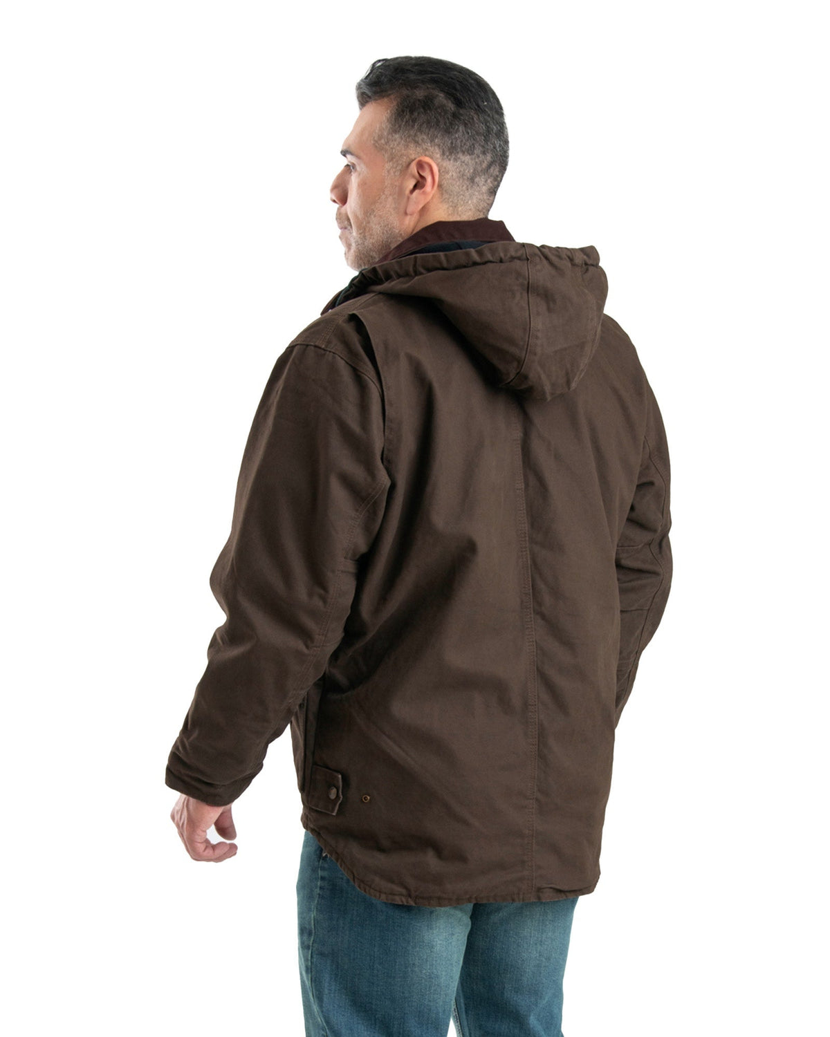 Back view of duck work coat with a removable hood