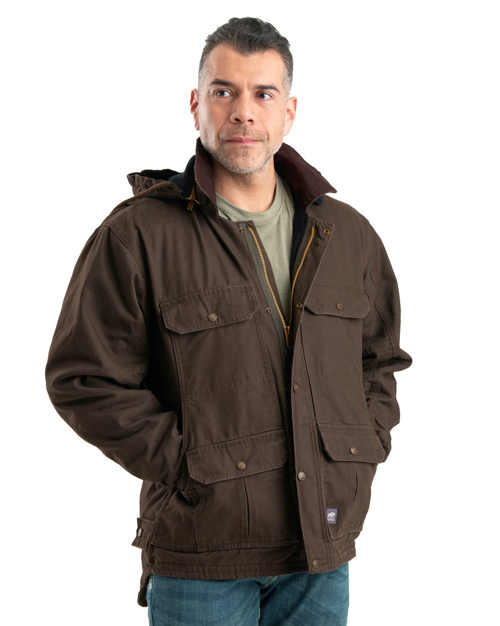 Front view of duck work coat with a removable hood