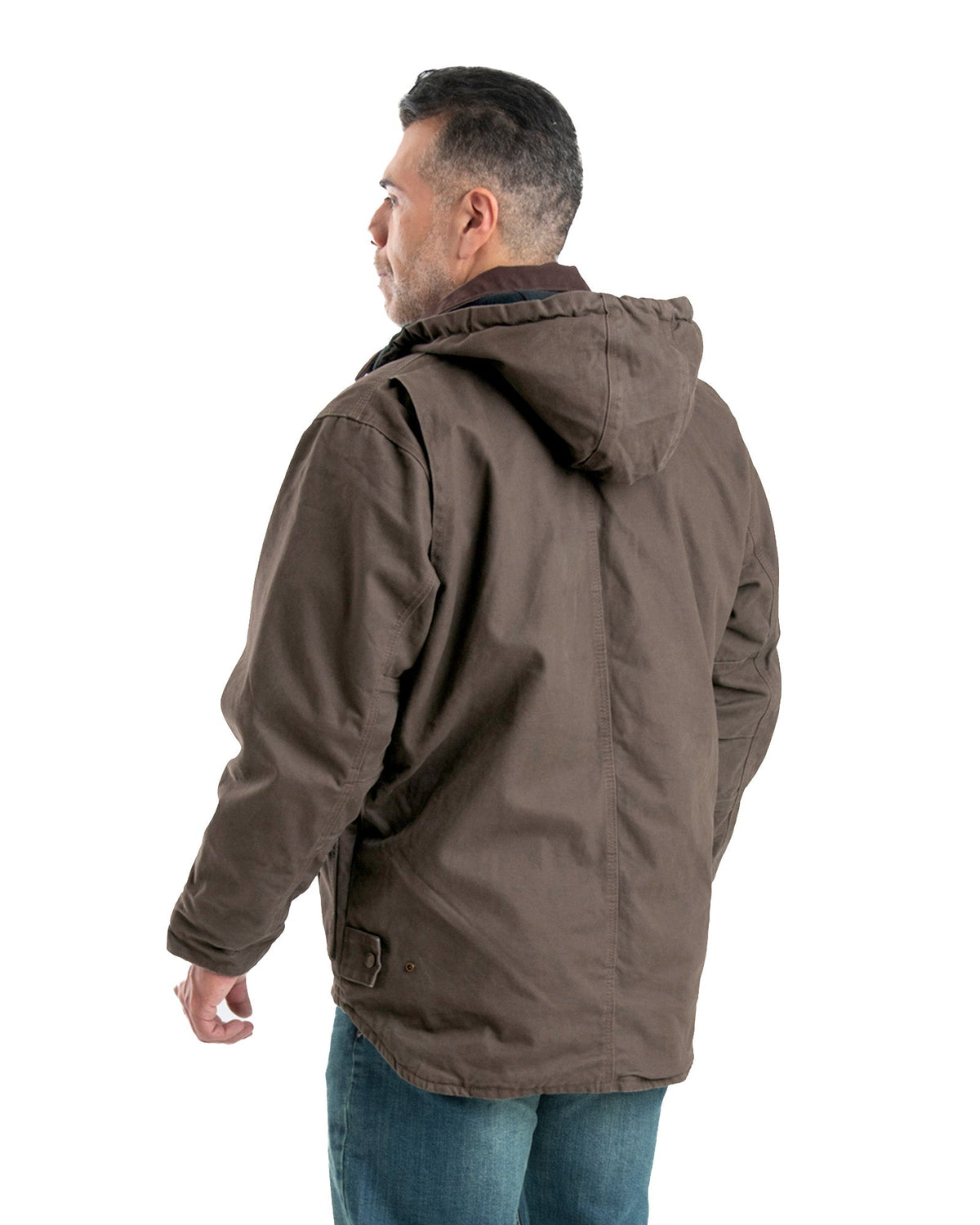 Back view of duck work coat with a removable hood, alternate shot