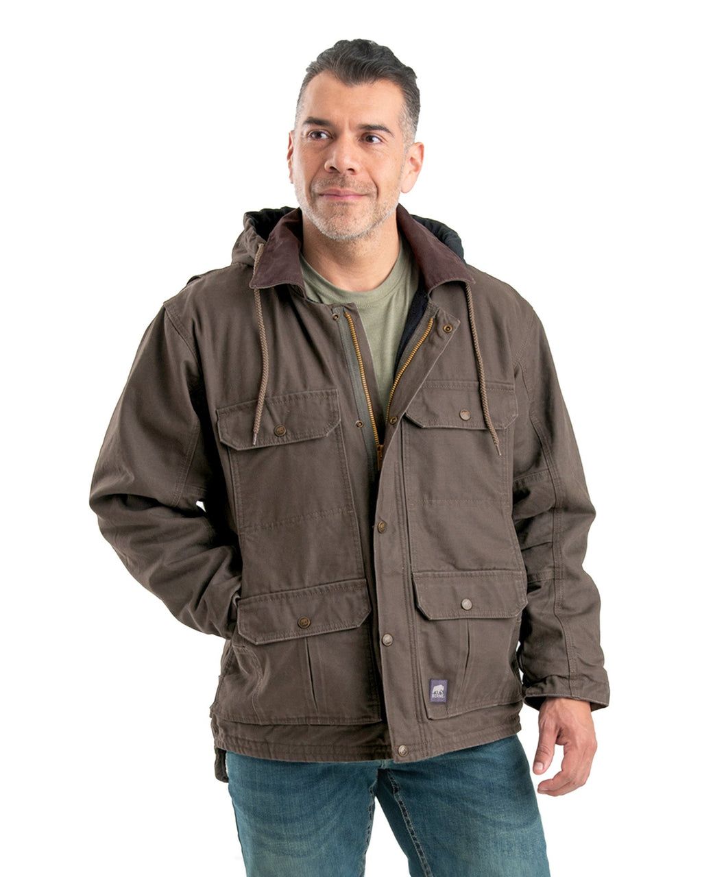 Front view of duck work coat with a removable hood, alternate shot