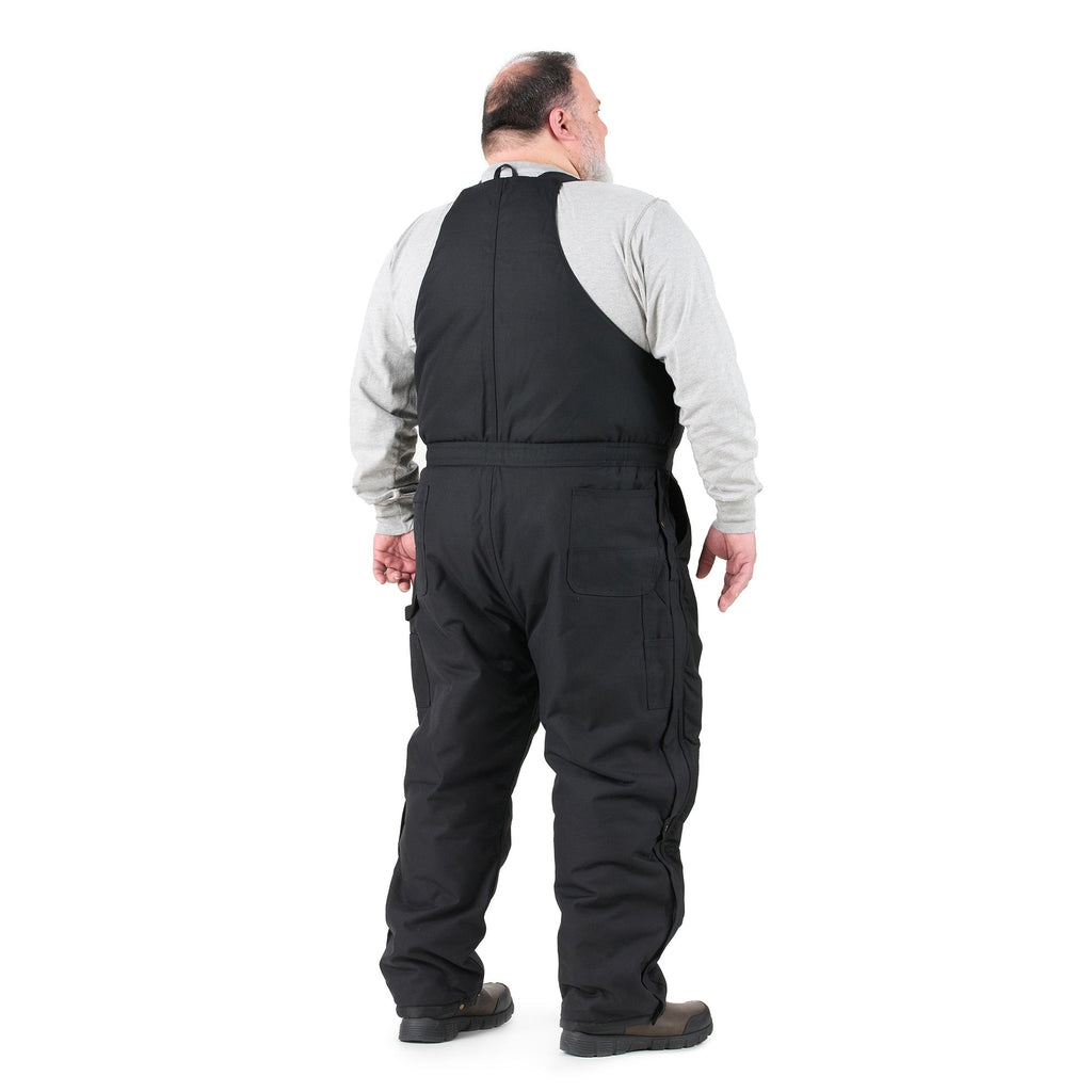 Back view of black insulated bib overalls, alternate shot