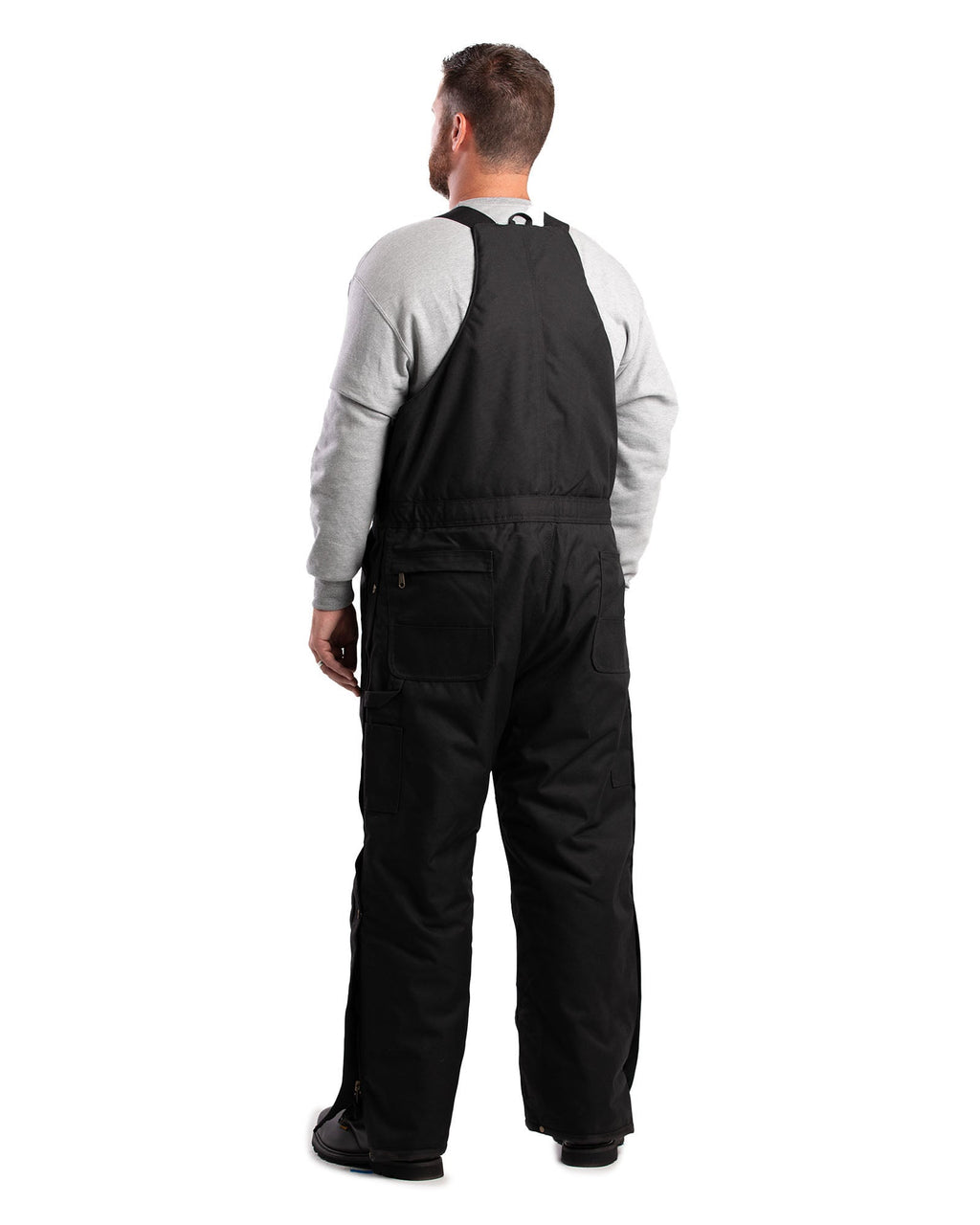 Back view of black insulated bib overalls