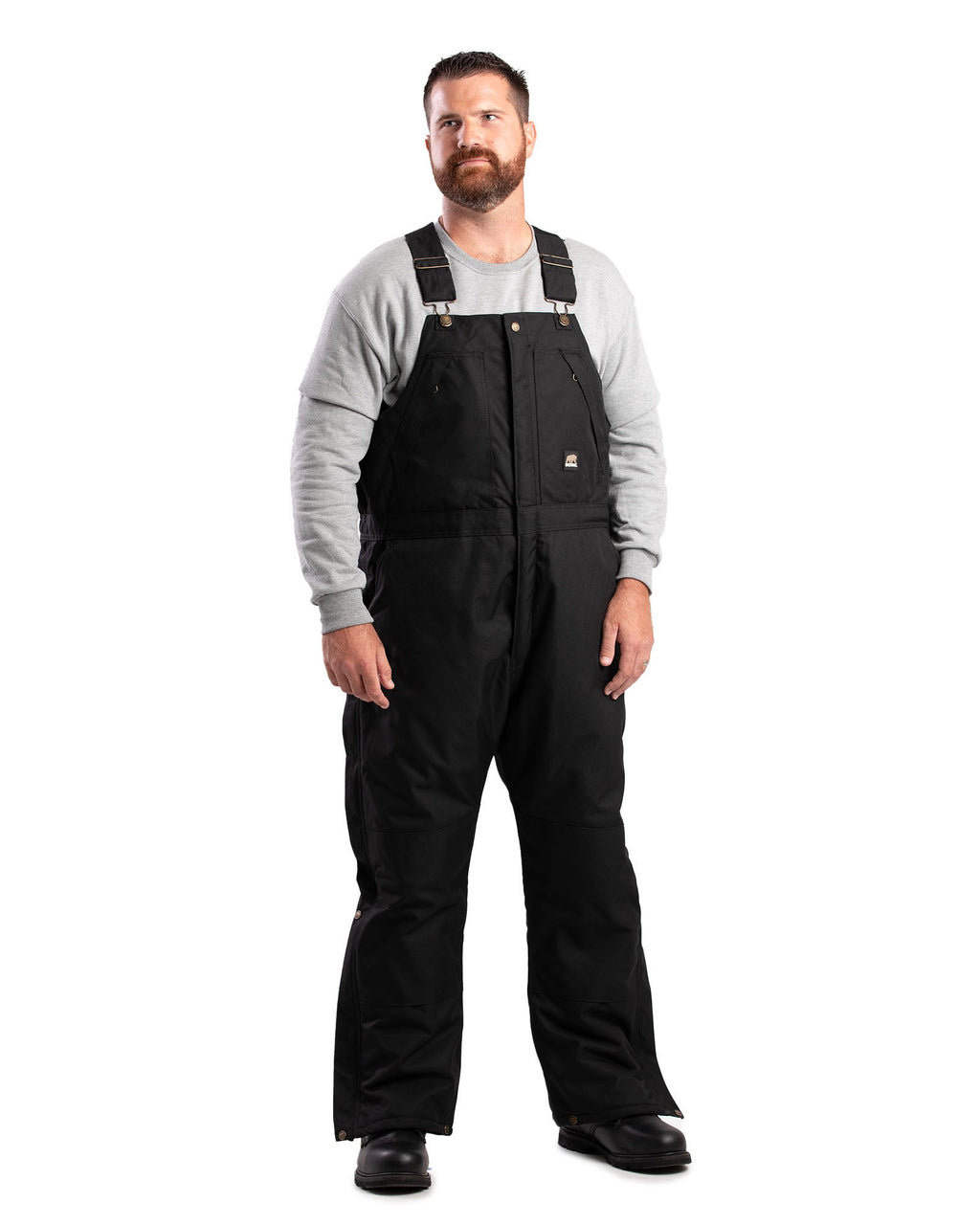 Front view of black insulated bib overalls
