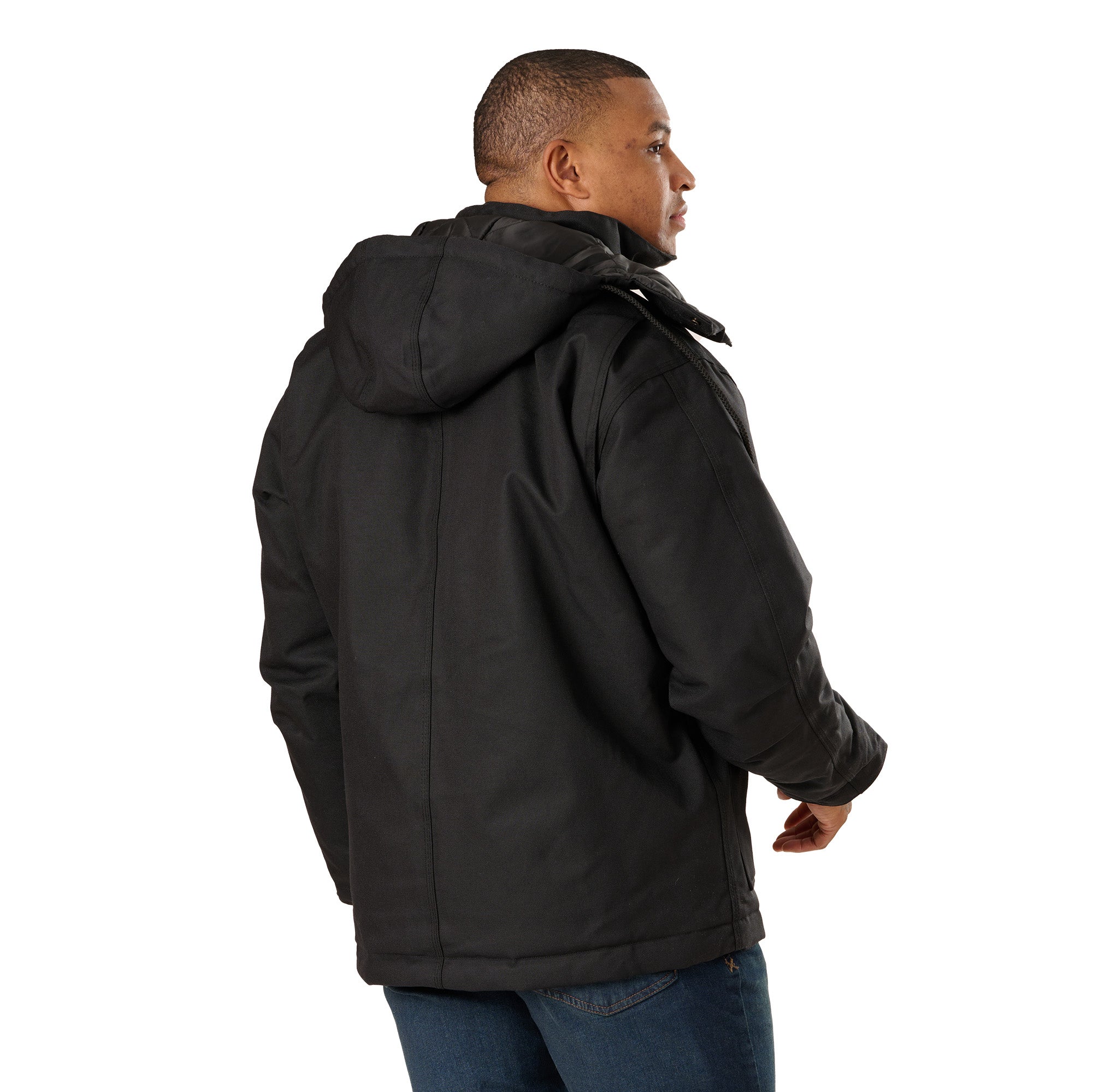 Back view of black insulated work coat, alternate shot