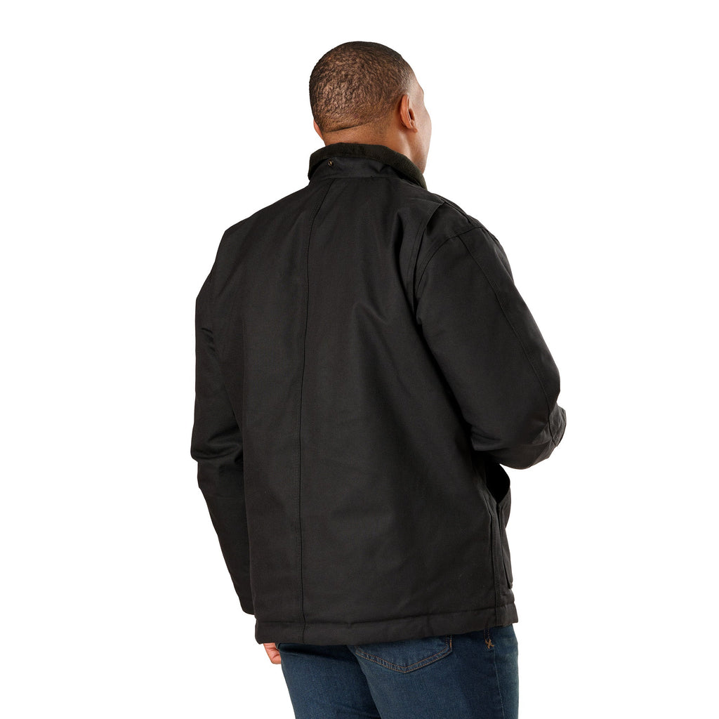 Back view of black insulated work coat