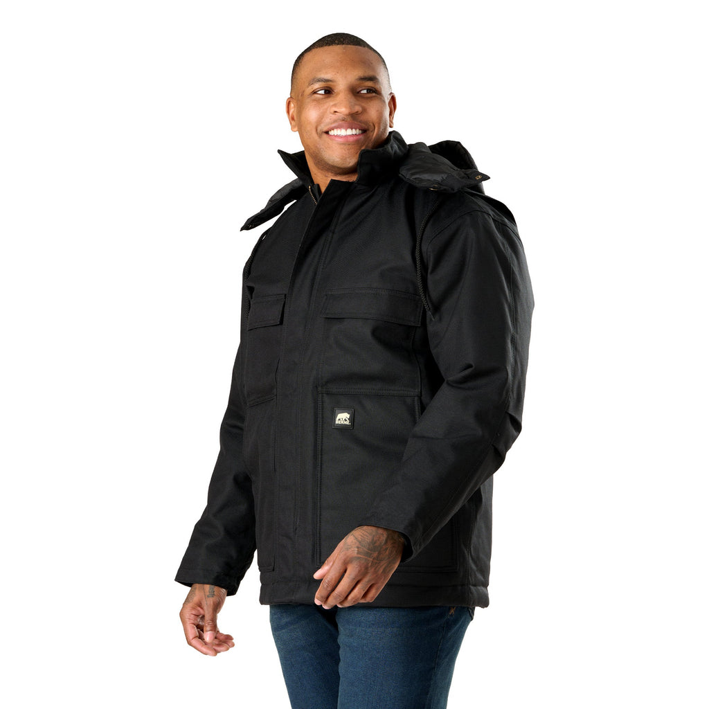 Front view of black insulated work coat