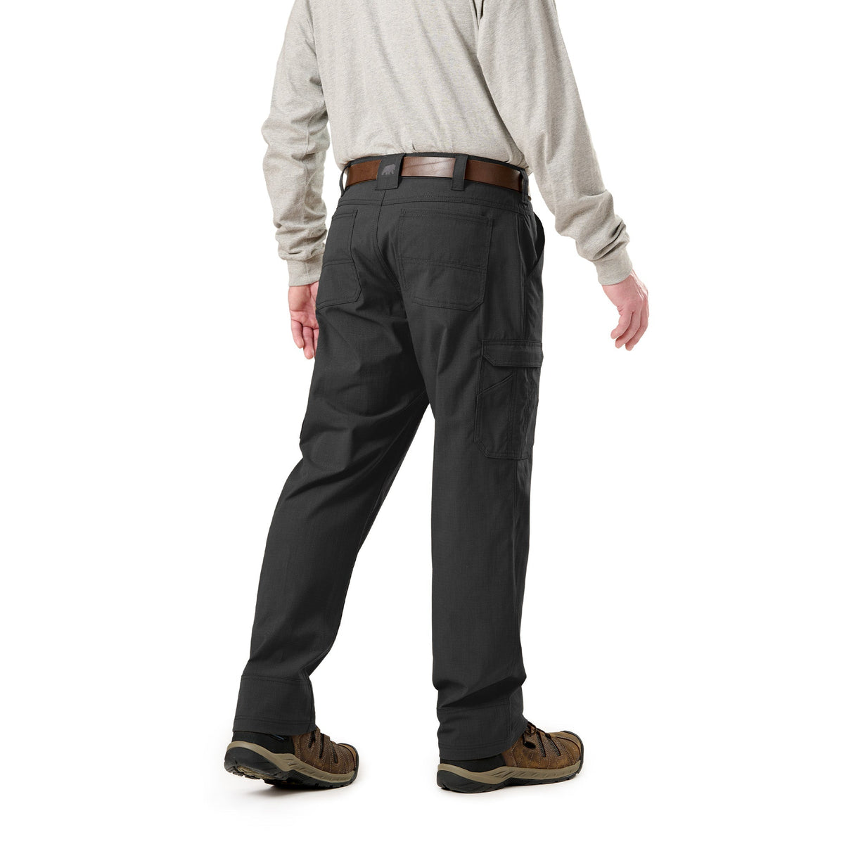 Back view of black ripstop cargo work trousers