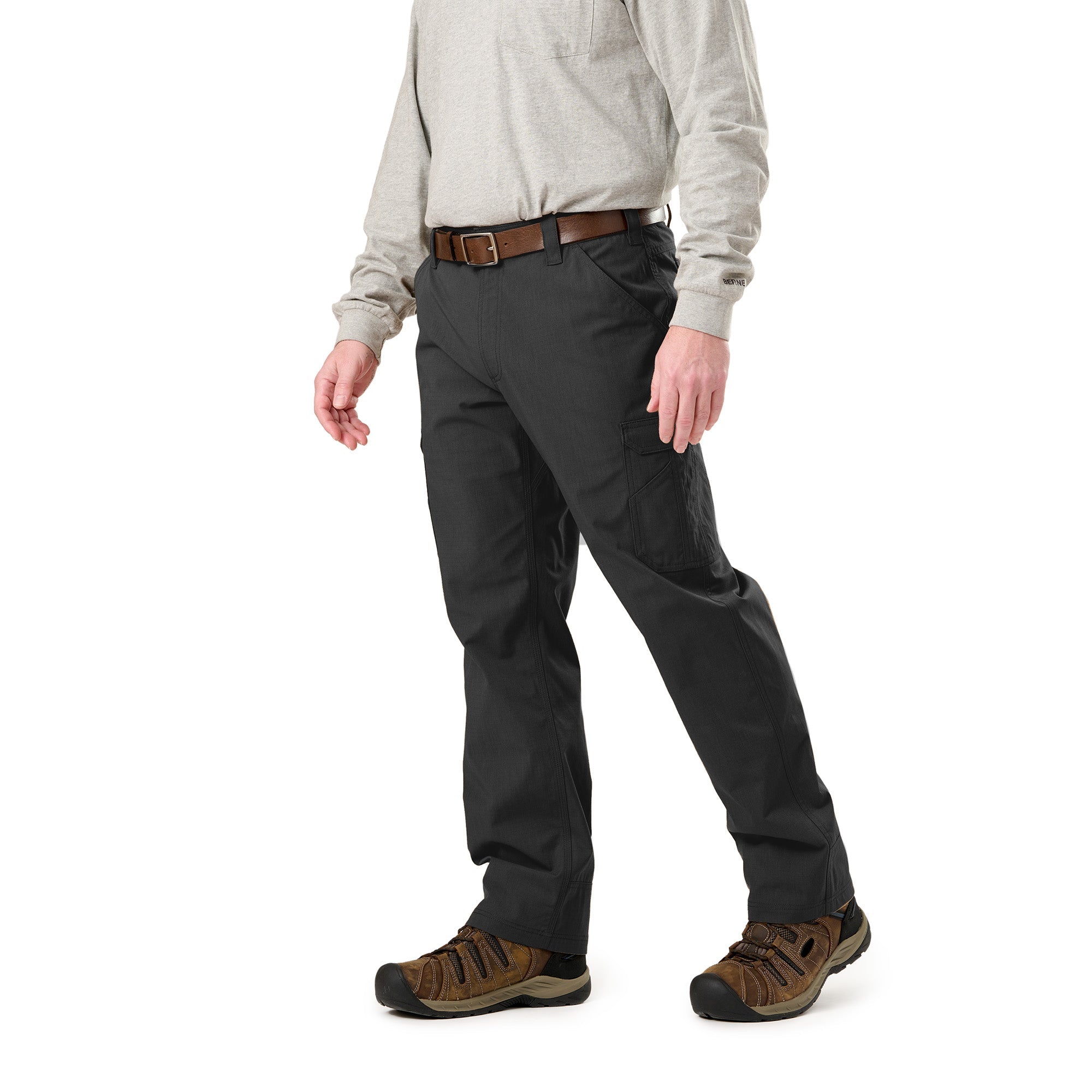 Front view of black ripstop cargo work trousers