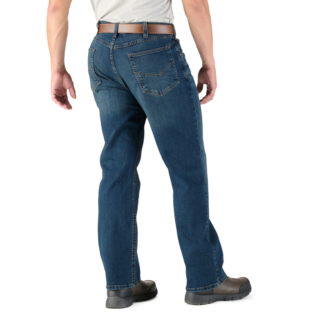 Back view of relaxed fit bootcut denim jeans